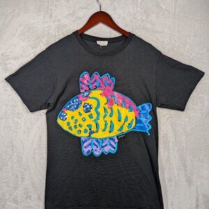 Vintage Ken Done Art to Wear Colorful Fish O/S Black Shirt USA Single Stitch **